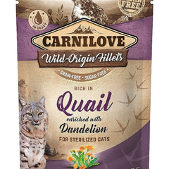 CARNILOVE Quail & Dandelion Hrana umeda pentru pisici adulte sterilizate, set cu prepelita si papadie 24 x 85g, CARNILOVE