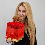 Set cadou , Trandafiri sapun , cutie patrata cu ursulet maro, Magazin Traditional