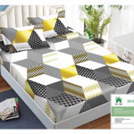 Husa de pat cu elastic 160x200 din Bumbac Finet + 2 Fete de Perna - Gri Alb Galben, 