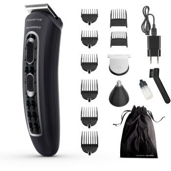 Aparat de tuns parul si barba Rowenta x Karl Lagerfeld Trim & Style 12 in 1 TN911LF0, autonomie 120 min, capat pentru barba cu 2 piepteni, capat pentru par cu 6 piepteni, accesoriu nas&urechi, 6500 rpm, kit curatare&intretinere, husa, negru/r, Rowenta