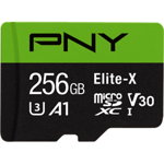 Card de memorie PNY MicroSDXC 256GB Class 10 Elite-X + Adaptor, 100MB/s citire, UHS-I U3, V30, A1, ideal filmare 4K