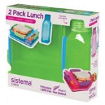 Set cutie alimente cu 2 compartimente Sistema Lunch 975ml si sticla Square 475ml diverse culori, Sistema Plastics