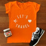 Tricou dama ieftin din bumbac portocaliu cu imprimeu Let's Travel