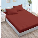Husa de pat cu elastic 180x200 din Bumbac Finet + 2 Fete de Perna - Uni Cu Linii Visiniu, SONIA-HOME