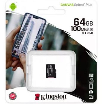 Card Kingston Canvas Select Plus MicroSDXC, 64 GB, Clasa 10, UHS-I/U1 A1 V30, SDCS2/64GBSP, Kingston