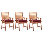 Set de 3 scaune de masa de exterior cu perna colorata vidaXL, Lemn de acacia, 56 x 62 x 92 cm, Maro/Rosu inchis