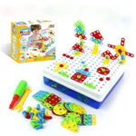 Joc educativ de constructie, Montessori, puzzle mozaic, cu suruburi, saibe, surubelnita electrica, 234 piese, buz