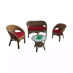 Set masa rotunda, cu 2 scaune + 1 banca cu perne, pentru gradina, din ratan natural si foaie de banana, Inovius