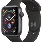 Smartwatch Apple Watch 4, 40mm, LTPO OLED Retina Display, GPS, Bluetooth, Wi-Fi, Bratara Sport Neagra, Carcasa aluminiu, Rezistent la apa si praf (Space Gray)