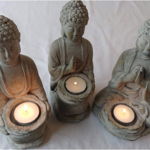 Set de 3 statuete Buddha cu suport de lumanare Farm and Garden, beton, gri, 23 x 10 x 12 cm