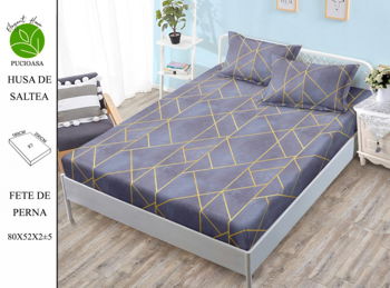 Husa de pat cu elastic 180x200 din Bumbac Finet + 2 Fete de Perna - Geometric Mov, ELEGANT HOME PUCIOASA