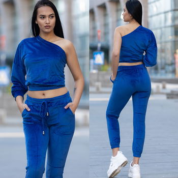 Trening dama albastru din catifea cu bluza pe umar