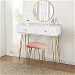 SEA299 - Set Masa toaleta, 80 cm, cosmetica machiaj cu oglinda si scaun, masuta vanity - Alb