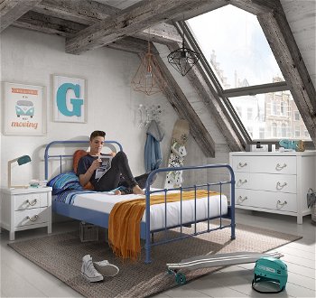 Set Mobila dormitor din lemn de pin si MDF cu pat metalic, pentru tineret 3 piese New York Albastru / Alb, 200 x 120 cm