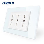 Priza tripla Livolo VL-C3C3AIT-81, incastrata, modulara - 3, contact de protectie, rama din sticla inclusa, alba