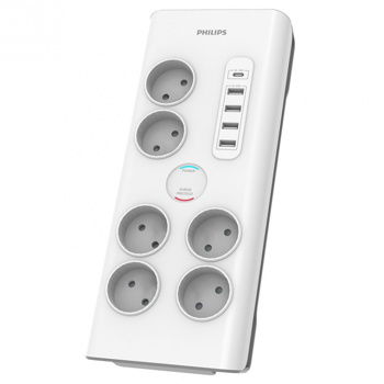 Prelungitor cu protectie PHILIPS SPN7060WA/58, 6 prize, 5 x USB, 2m, Protectie copii, alb