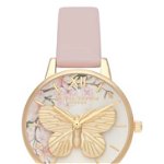 Ceasuri Femei OLIVIA BURTON Womens Pretty Blossom 3D Butterfly Leather Strap Watch 30mm ROSE SAND 3D FLORAL GOLD