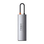 Adaptor HUB aluminiu 8-in-1 Baseus Metal Gleam, USB-C - 3x USB 3.0, 1x HDMI, 1x USB-C, 1x RJ45, 1x MicroSD, 1x SD, Gri, Baseus