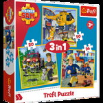 Set puzzle 3 in 1 Trefl Fireman Sam, Pompierul Sam in actiune, 1x20 piese, 1x36 piese, 1x50 piese, Trefl