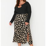 Trendyol, Fusta midi cu animal print, Negru/Camel