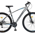 Bicicleta MTB-HT Carpat Invictus C2757C, Schimbator Shimano Tourney, 21 Viteze, Cadru Aluminiu, Roti 27.5 Inch, Frane pe Disc, Negru cu Design Galben/Albastru