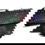 Kit Gaming Serioux Tobis 3 in 1, Tastatura de gaming, 104 taste, 7 taste Anti-ghosting, design slim, iluminare rainbow, structura metalica + taste negre, suport telefon, cablu USB 1.5M PVC, plug and play; Mouse gaming, senzor Sunplus 192, 1000-6400 DPI, 
