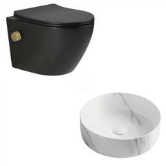 Set vas wc suspendat rimless cu functie bideu, baterie inclusa auriu mat, Foglia Oslo plus lavoar rotund cu efect de marmura, Foglia Set vas wc suspendat rimless cu functie bideu, baterie inclusa auriu mat, Foglia Oslo plus lavoar rotund cu efect de marmura, Foglia
