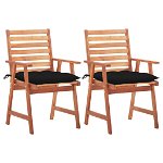 Set de 2 scaune de exterior/gradina cu perna colorata vidaXL, Lemn de acacia, 56 x 62 x 92 cm, Maro/Negru