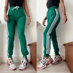Pantaloni lungi dama din bumbac de culoare verde cu dungi, 
