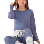 Pijama bleu cocolino fete cu model Emoji, 
