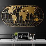 Decoratiune de perete Metal World Map Globe Led - Gold, Aur, 120x1x60 cm, Tanelorn