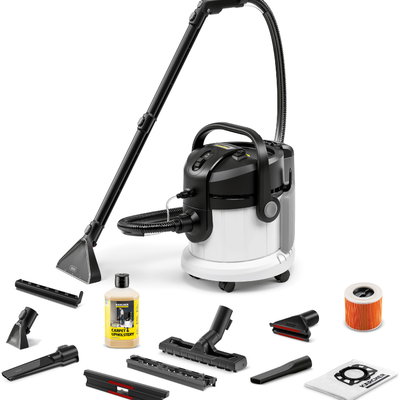 Aspirator Karcher SE 4 Plus 1.081-170.0, cu filtrare prin apa, cu sac, 4 litri, 1000 W, filtru spuma, aspirare umeda si uscata, 11 accesorii, alb
