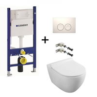 Set vas wc suspendat rimless cu capac soft close, rezervor incastrat si clapeta alba Geberit, Fluminia x Geberit