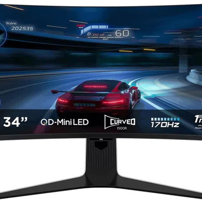 Monitor Gaming Curbat QD-Mini LED TCL 34R83Q 34& UWQHD 3440x1440 170Hz 1ms AMD FreeSync&trade Premium NVIDIA G-Sync&trade Compatible HDR1400 Ambient light Pantone Validated