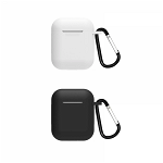 Set 2 huse de protectie din silicon si carlige de prindere pentru Apple AirPods 1/2 negru alb, krasscom