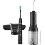 Set Power Flosser si periuta de dinti Philips Sonicare DiamondClean 9000, HX3866/43, Senzor de presiune integrat, 4 moduri de curăţare, 3 intensitati, 2 moduri de curăţare interdentara si 3 intensitati, Tehnologie Quad Stream, Negru