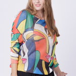 Bluza tricotaj subtire cu imprimeu stil Picasso pe fond rosu, Shopika