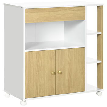 HOMCOM Cărucior de Bucătărie din PAL, cu 4 Rafturi Deschise, Sertar și Dulap, 80x39x85.5 cm, Alb și Stejar, Spațiu de Depozitare | Aosom Romania, HOMCOM