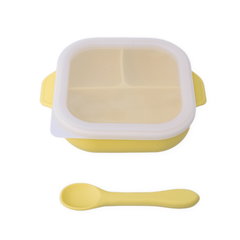 Set hranire copii, Oaki, castron cu ventuza, farfurie cu 3 compartimente, galben pal