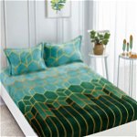 Husa de pat cu elastic cocolino + 2 Fete de Perna, Geometric Verde, JOJO HOME
