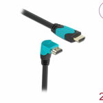 Cablu Ultra High Speed HDMI 8K60Hz/4K240Hz drept/unghi 90 grade jos T-T 2m Negru/Bleu, Delock 86992, Delock