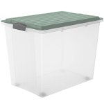 Cutie depozitare cu roti plastic transparenta cu capac verde Rotho Compact 70L, Rotho