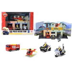 Pista de masini Dickie Toys Fireman Sam, Sam Fire Rescue Team cu 3 masinute, 1 elicopter si 2 figurine, Dickie Toys