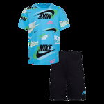Nike, Set de tricou cu logo si pantaloni scurti Active Joy, Negru, Roz, Albastru, 110-116 CM