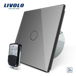 Intrerupator touch cu telecomanda, smart / inteligent, simplu cu indicator luminos Livolo VL-C7-C1/701R-15, Wi-fi, telecomanda, incastrat, gri