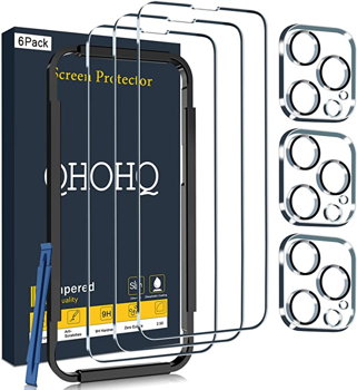 Set 3 folii pentru ecran si 3 folii pentru lentilele camerei QHOHQ, iPhone 14 Pro, transparent, sticla securizata, 6.1 inch