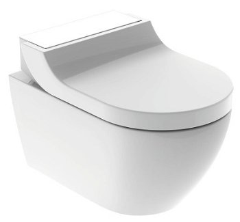 Set vas WC suspendat Geberit AquaClean Tuma Comfort capac inchidere lenta functie bideu electric ornament sticla alba, Geberit