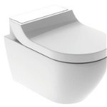 Set vas WC suspendat Geberit AquaClean Tuma Comfort capac inchidere lenta functie bideu electric ornament sticla alba, Geberit