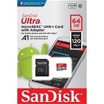 Card de memorie SANDISK Ultra, microSDXC, 64GB, 120MB/s, clasa 10/U1/A1, UHS-I, adaptor