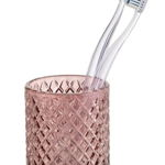 Suport periute si pasta de dinti, Wenko, Atessa, 7.5 x 7.5 x 10 cm, sticla, roz, Wenko